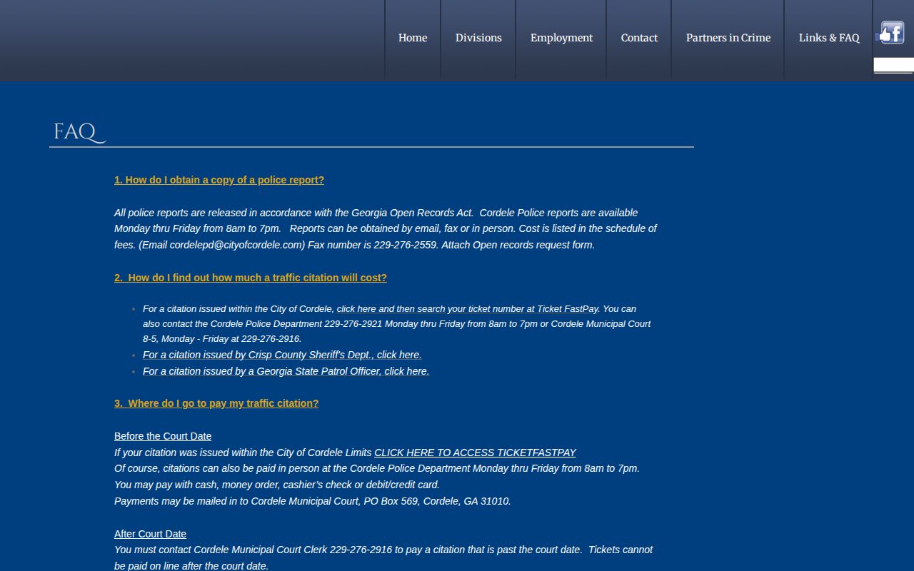 Cordele Police FAQ explaining police report requests