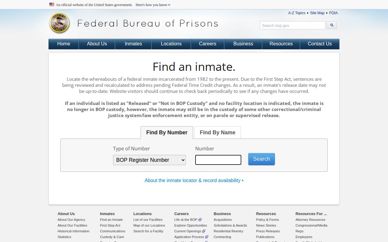 Federal Bureau of Prisons inmate locator interface for federal custody