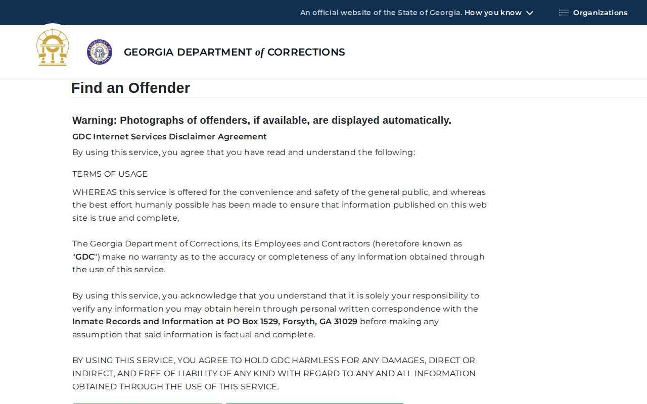 Georgia Department of Corrections offender search form for state custody records
