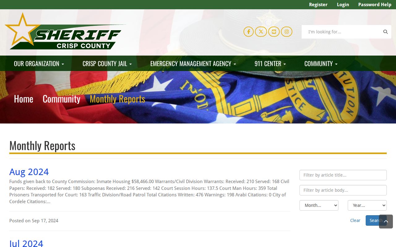 Crisp County sheriff monthly reports page, not a jail roster